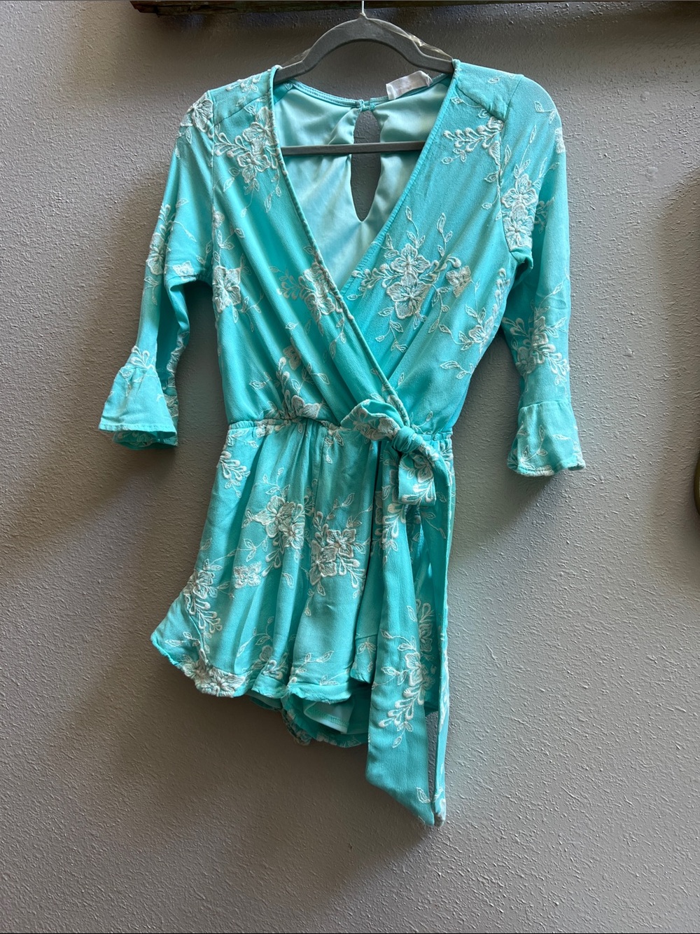 Peach Love California Turquoise Floral Wrap Romper with Tie